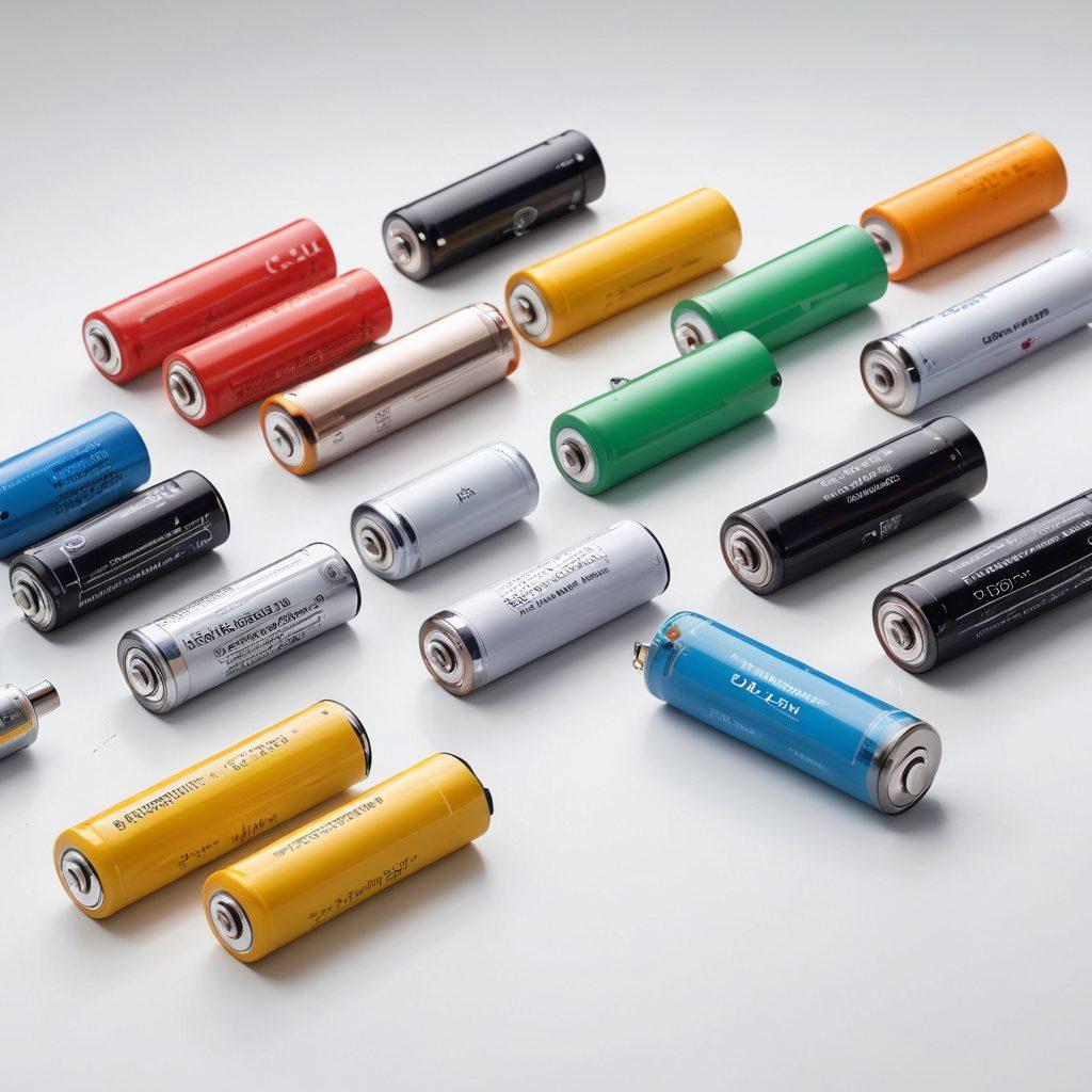 A close-up view of various battery types scattered on a clean table, showcasing their unique shapes, sizes, and specifications. Include labels and icons highlighting key features like voltage, capacity, and application. Add a faint blueprint of a circuit in the background to emphasize technology. Colorful and well-lit to create an engaging atmosphere. super-realistic. vibrant colors. white background.