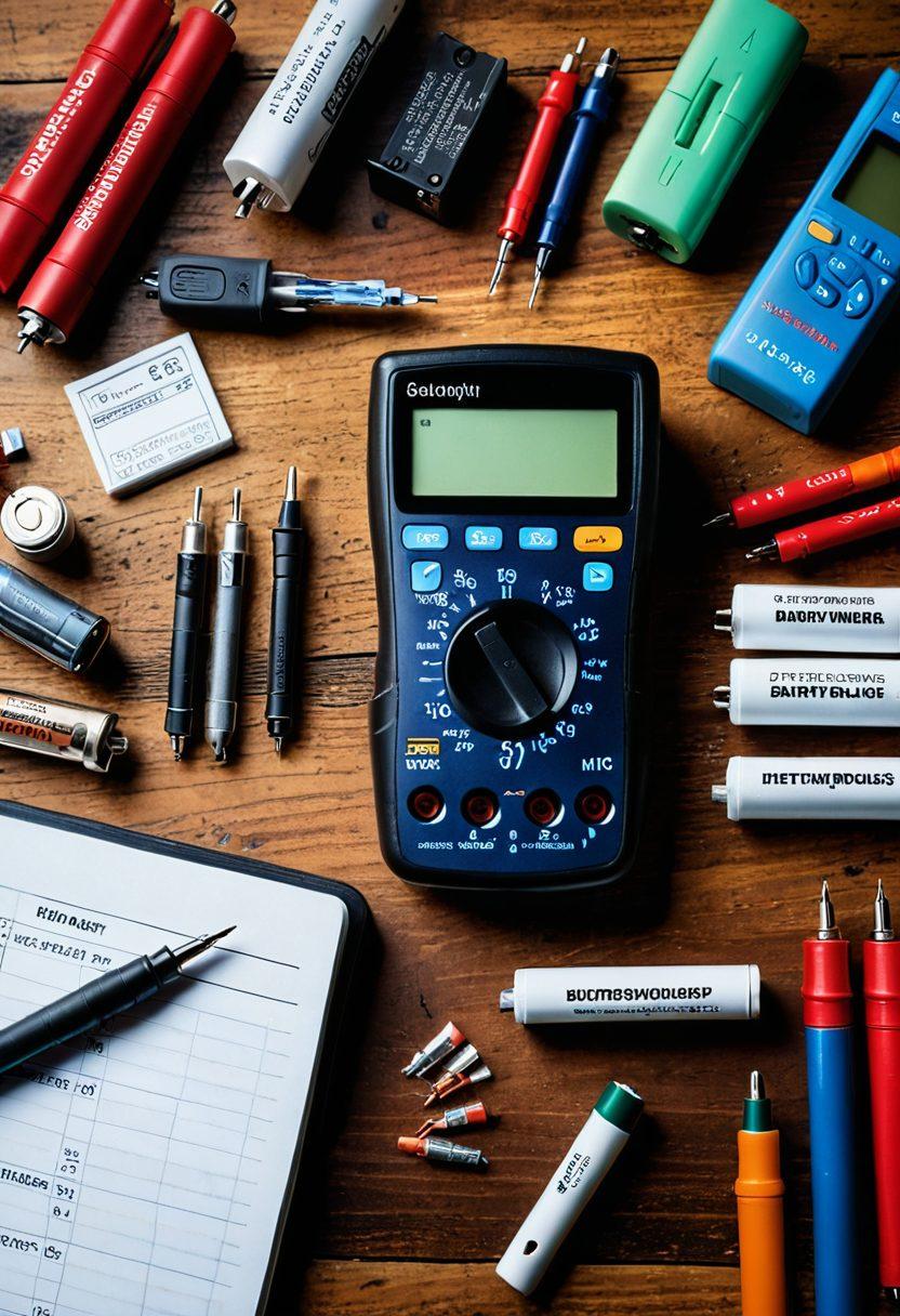 A vibrant and detailed flat lay of various rechargeable and lithium batteries scattered on a wooden table, with tools for battery maintenance and a calculator reflecting savings and costs on a notepad. Incorporate a graph showing increasing savings in the background, with subtle lighting highlighting the batteries. The atmosphere should be informative yet engaging. 3D. vibrant colors. soft focus.