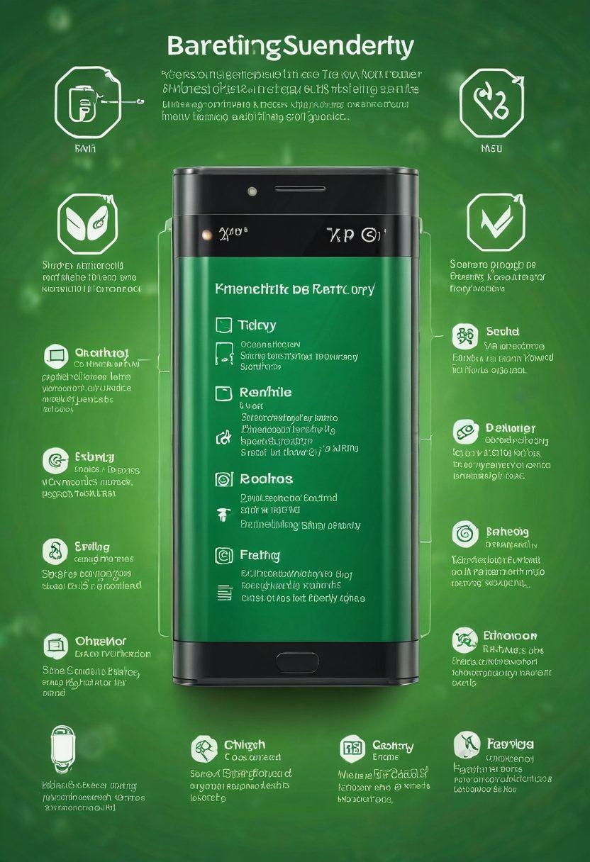 An informative and visually engaging composition featuring a close-up of a healthy smartphone battery alongside a checklist of battery care tips. Showcase a vibrant green background symbolizing longevity, with icons representing charging, usage tips, and temperature control around the battery. Include a clear infographic style with easy-to-read text and attractive visuals. super-realistic. vibrant colors. infographic style.